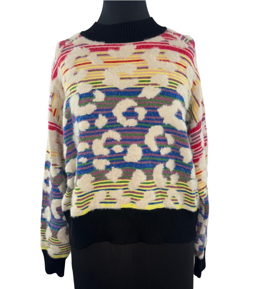 Desigual Multi Sweater Striped Leopard Fuzzy Mock Neck Drop Shoulder Sz L Large